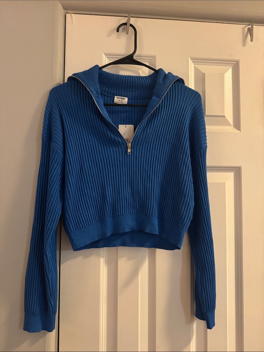 Cotton On Cropped Rib Quarter-Zip Hoodie Sweater - Blue